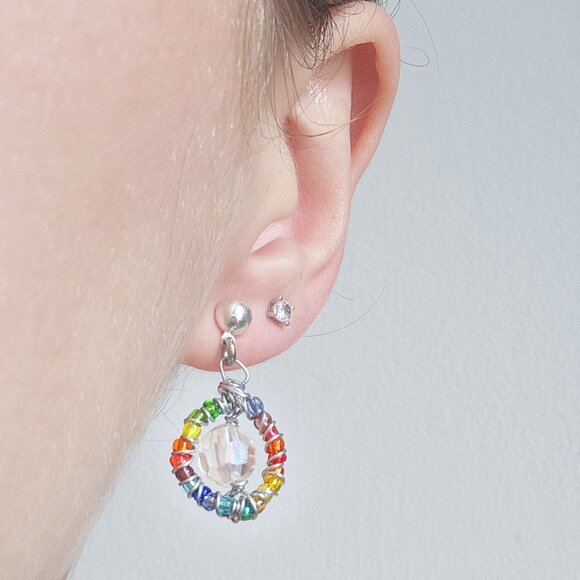 Y2K mini rainbow hoop earrings ✦ unique  and handmade beaded silver hoops ✦ - Picture 1 of 4